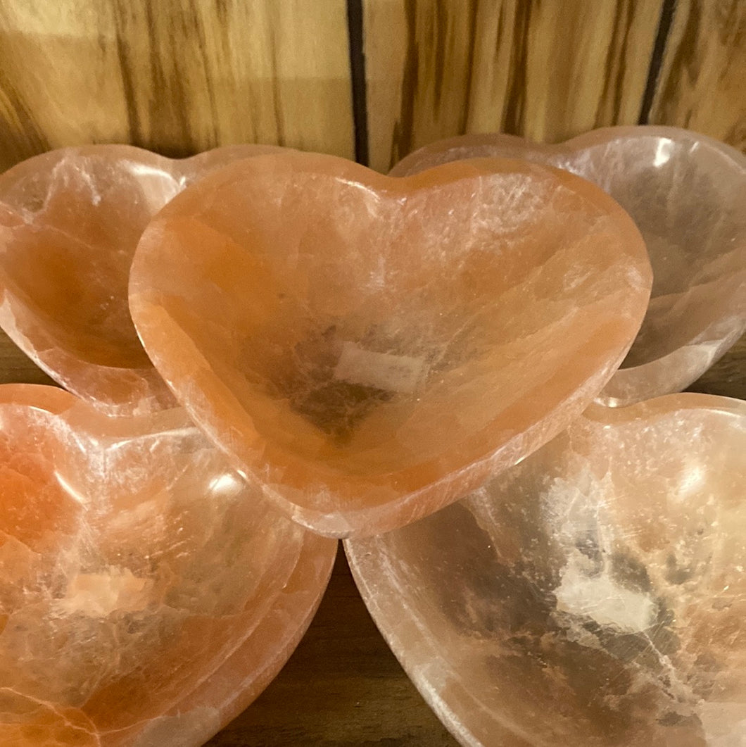 Peach selenite heart bowls
