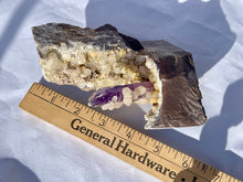 Load image into Gallery viewer, Goboboseb Mountains. Erongo Region, Namibia.  Weight: 621.5 grams  Dimensions: L 5 x W 2 x H 4.5 inches  A very unique and special specimen. A really beatiful piece of smoky amethyst on matrix with botryoidal calcite. This one is a very special matrix piece!
