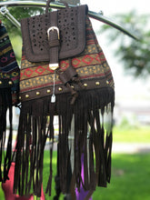Load image into Gallery viewer, ﻿﻿Backpack with Fringe and adjustable straps. Black multicolor, Brown multicolor, or Tan multicolor available.  Price per 1.
